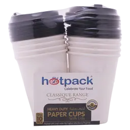 Hotpack  10 Pieces Heavy Duty Paper Cup White With Black Lid 12 Ounce 