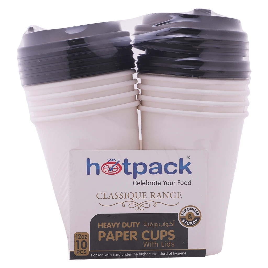 Hotpack  10 Pieces Heavy Duty Paper Cup White With Black Lid 12 Ounce 
