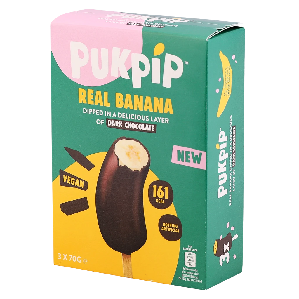 Pukpip Frozen Banana Stick Dipped in Dark Chocolate Coating 3 Pcs 70 gm