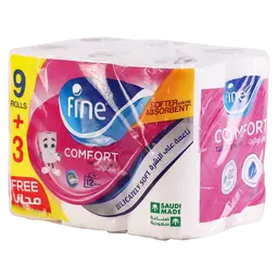 Fine Comfort Toilet Paper Tissue 180 Sheets 2Ply Pack 12 Rolls