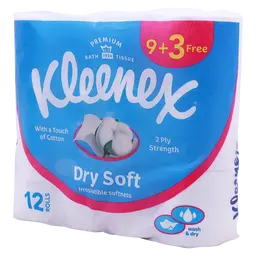 Kleenex Dry Soft Toilet Tissue Paper, 2 PLY, 12 Rolls X 200 Sheets, Embossed Bathroom Tissue With A Touch Of Cotton