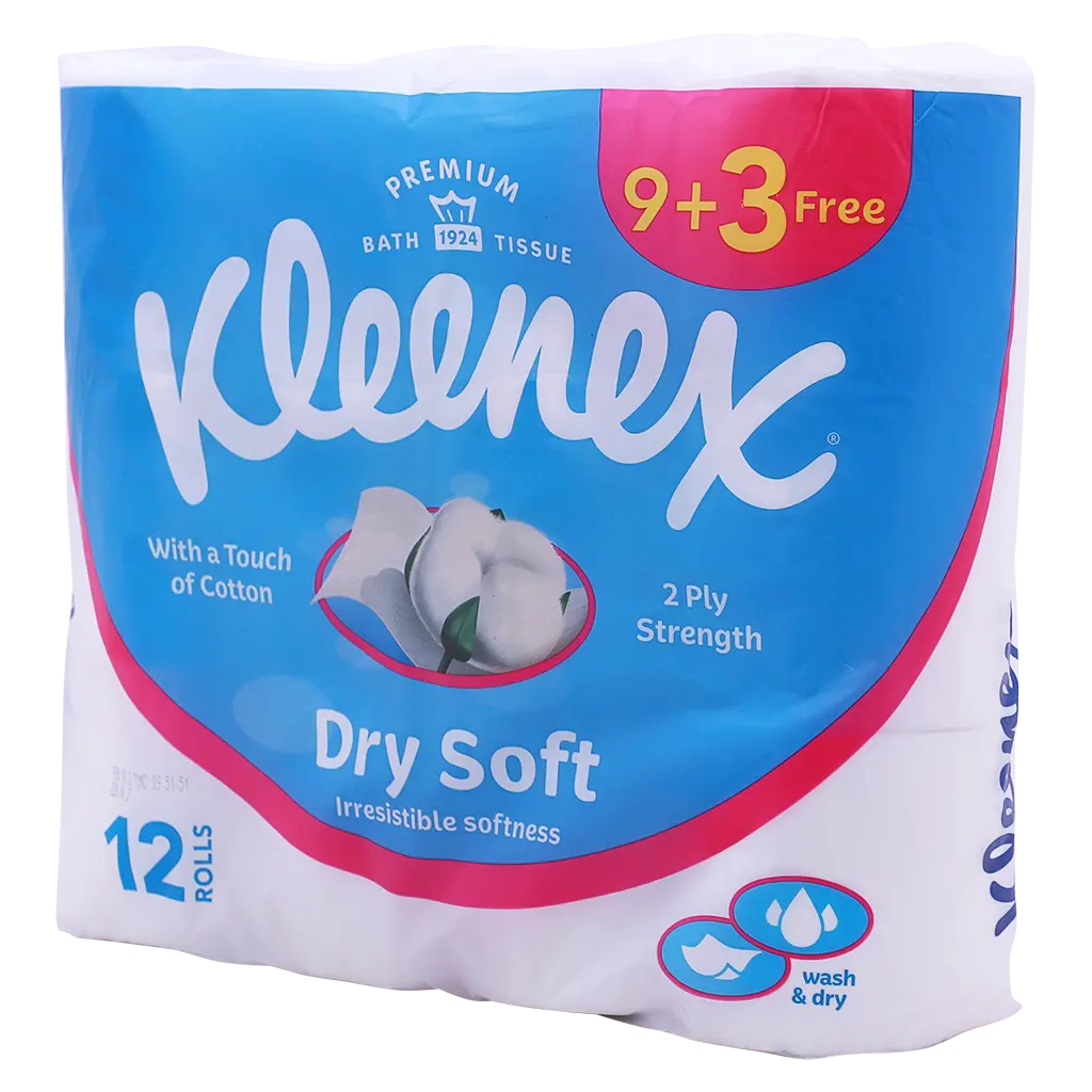 Kleenex Dry Soft Toilet Tissue Paper, 2 PLY, 12 Rolls X 200 Sheets, Embossed Bathroom Tissue With A Touch Of Cotton - view 1
