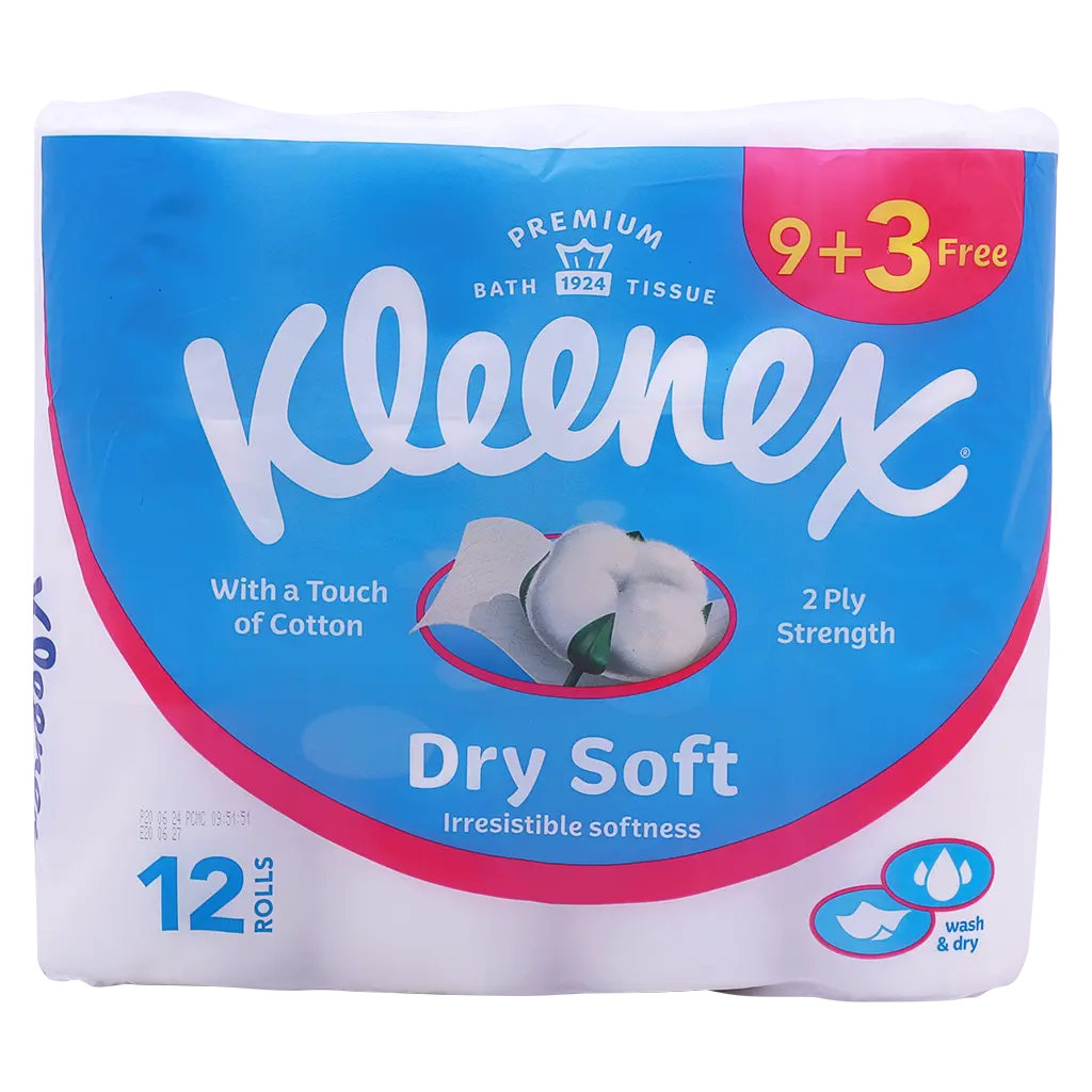 Kleenex Dry Soft Toilet Tissue Paper, 2 PLY, 12 Rolls X 200 Sheets, Embossed Bathroom Tissue With A Touch Of Cotton - view 2