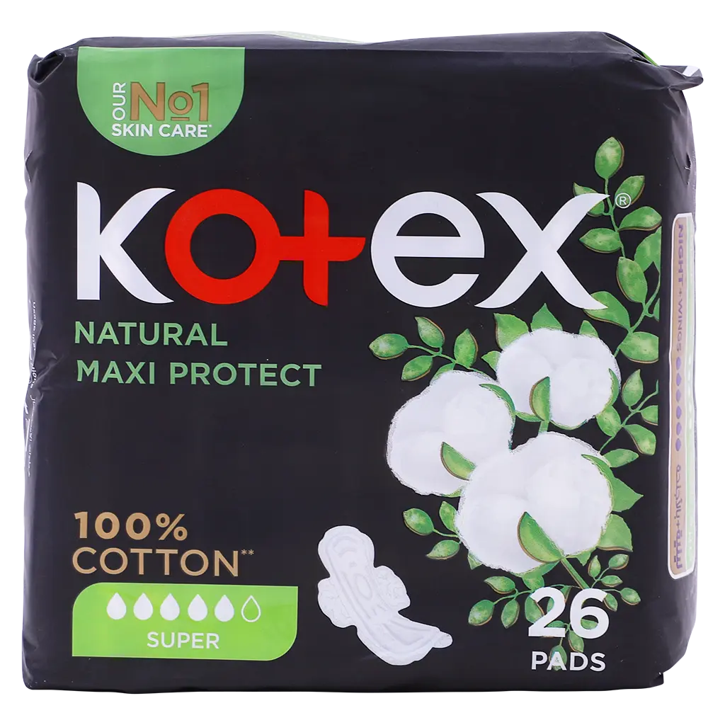 Kotex Natural Maxi Protect Thick Pads, 100% Cotton Pad, Super Size with Wings, 26 Sanitary Pads - view 3