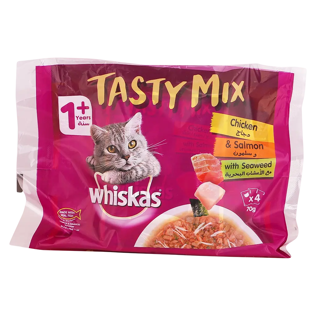 Whiskas Tasty Mix Chicken & Salmon with Seaweed Wet Cat Food 70 gm Pouches Pack of 4  - view 1