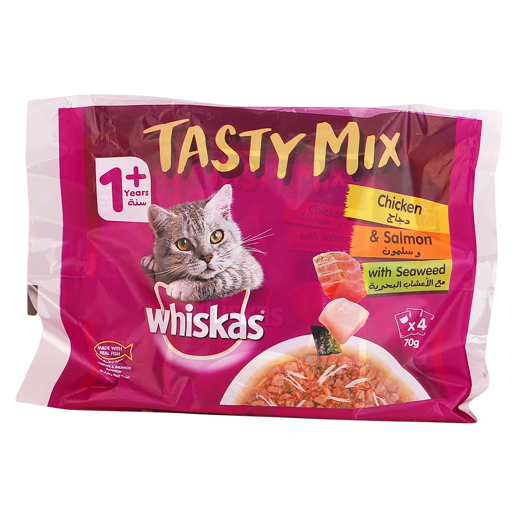 Whiskas Tasty Mix Chicken & Salmon with Seaweed Wet Cat Food 70 gm Pouches Pack of 4 