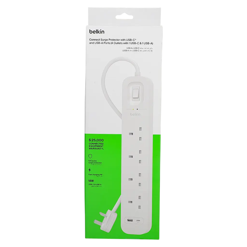 Belkin 4 Outlet Surge Protector 18W Usb-A & Usb-C Ports 2 m - view 3