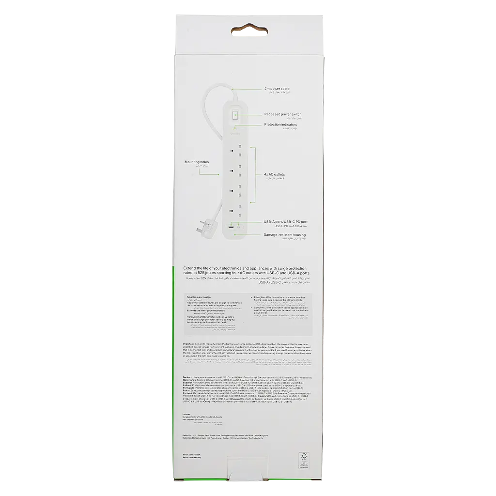 Belkin 4 Outlet Surge Protector 18W Usb-A & Usb-C Ports 2 m - view 4