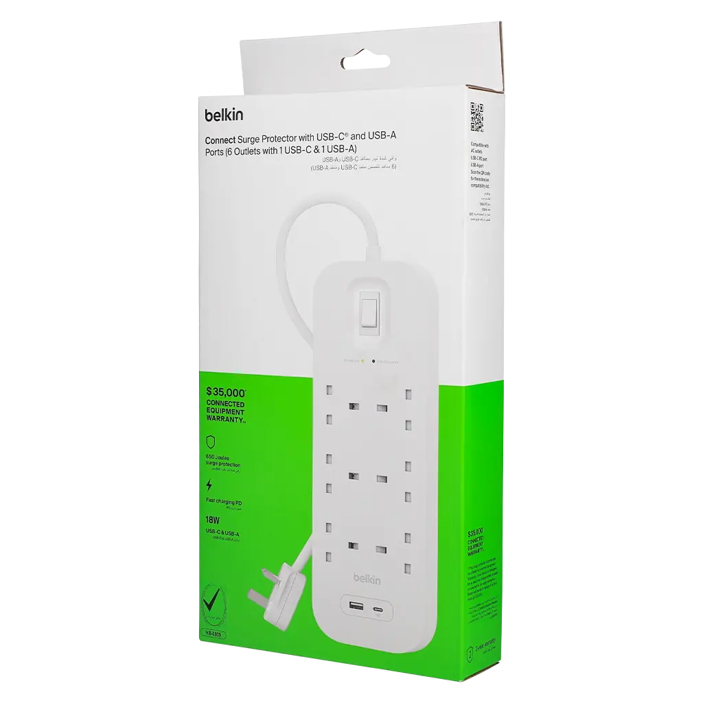 Belkin 6 Outlet Surge Protector 18W Usb-A & Usb-C Ports 2M - view 2