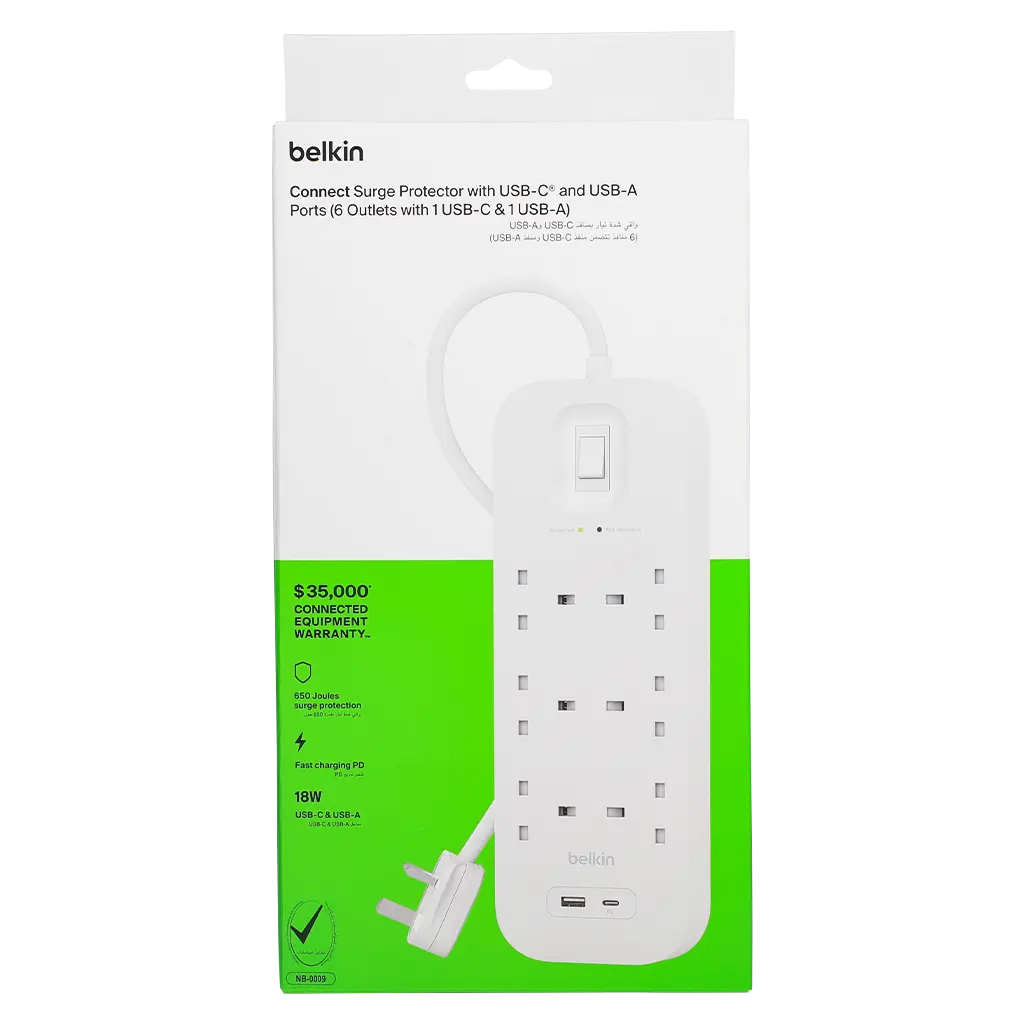 Belkin 6 Outlet Surge Protector 18W Usb-A & Usb-C Ports 2M - view 3