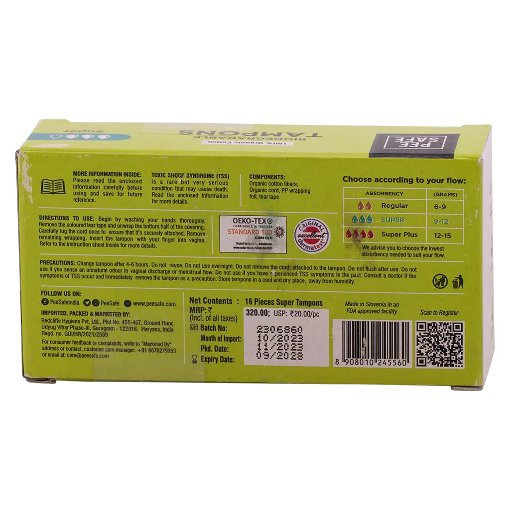 PeeSafe 100% Organic Cotton Tampons Super Size 16 Tampons - view 3