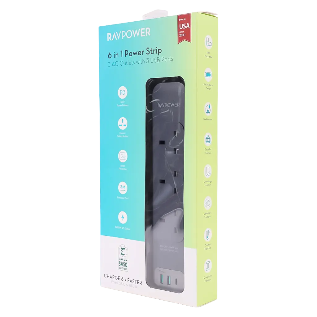 RAVPower Extension Cable  3 Sockets 2 USB Ports 1 Type C  3 m - view 2