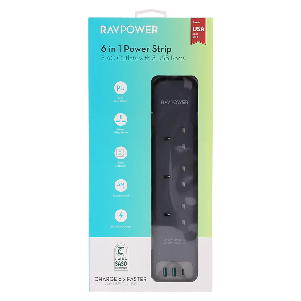 RAVPower Extension Cable  3 Sockets 2 USB Ports 1 Type C  3 m - view 3