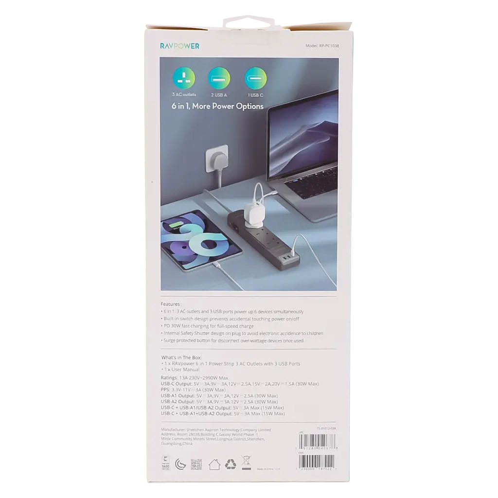 RAVPower Extension Cable  3 Sockets 2 USB Ports 1 Type C  3 m - view 4