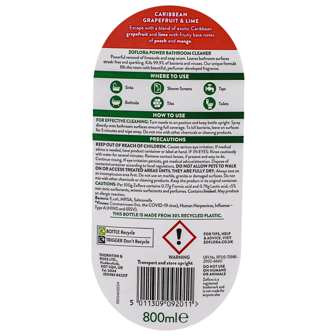 Zoflora Spray Multipurpose cleaner Disinfectant Caribbean Grapefruit and Lime Power 800 ml - view 3