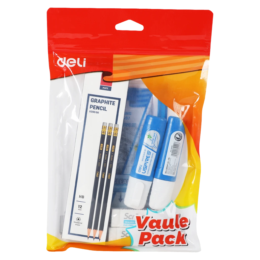 Deli Value Pack Pencil 12 pcs & Eraser 2 pcs & Correction 2 pcs & Flexiable Drawing Set
