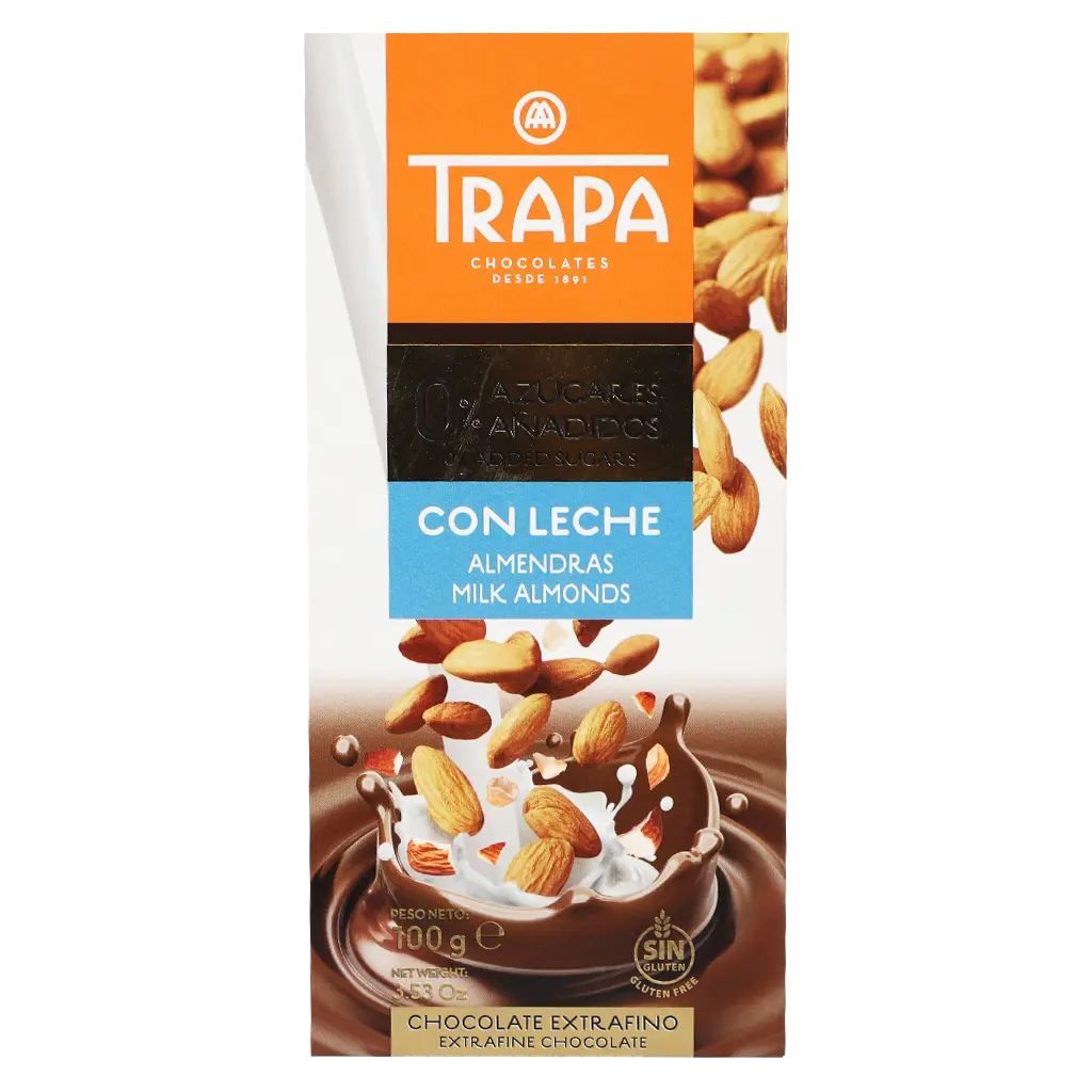 Trapa Chocolate Bar Milk and Almonds  0% Added Sugars 100 gm - view 1