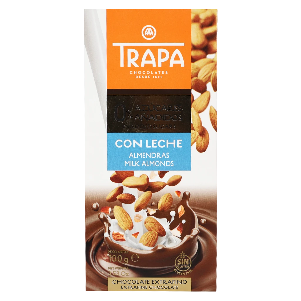 Trapa Chocolate Bar Milk and Almonds  0% Added Sugars 100 gm