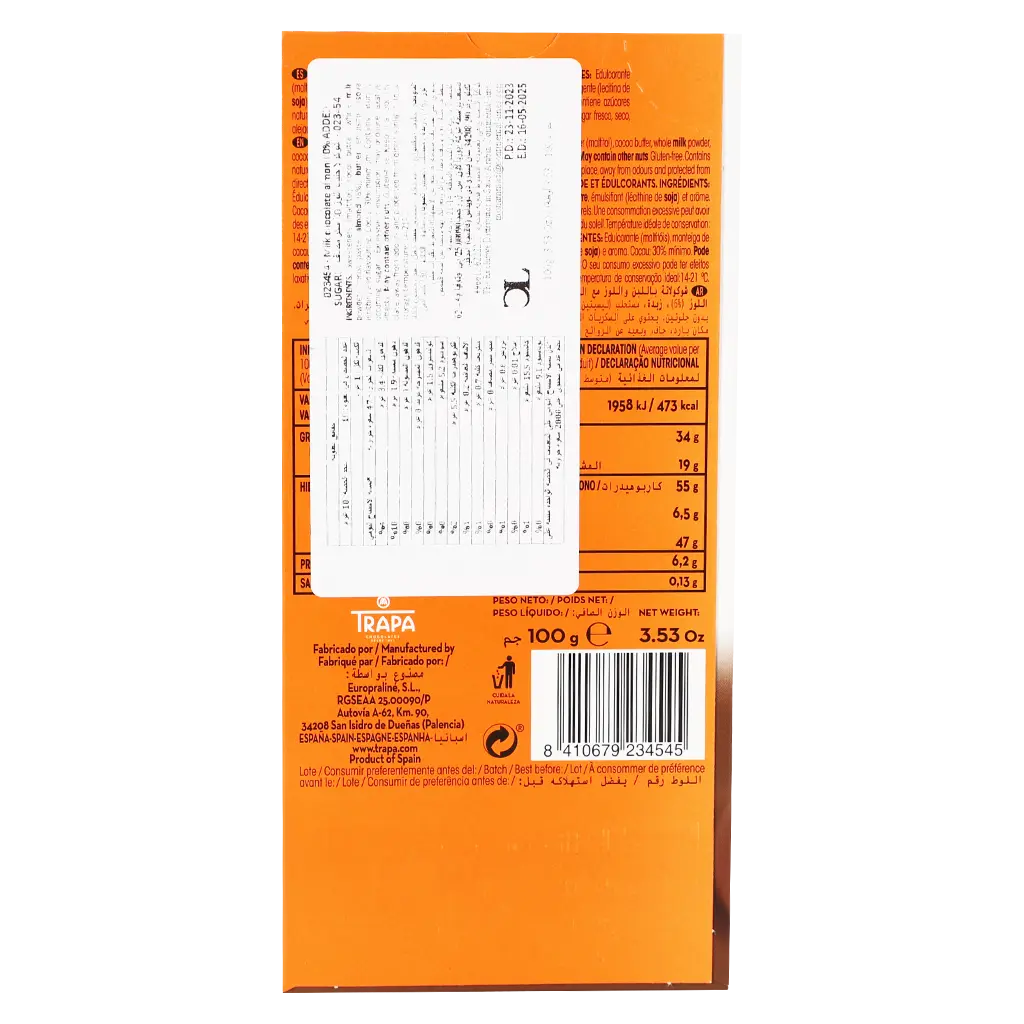 Trapa Chocolate Bar Milk and Almonds  0% Added Sugars 100 gm - view 2