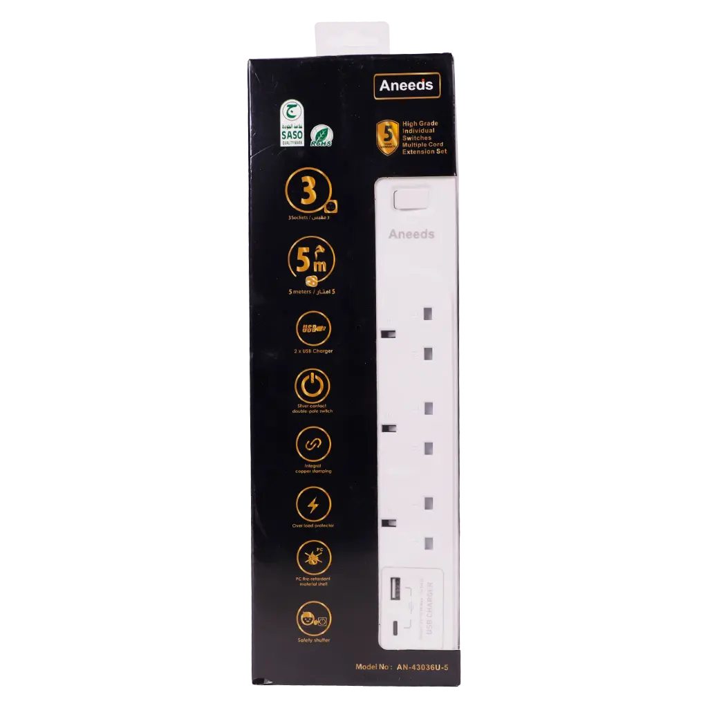 Aneeds Electric Extension 3 Core  With 2 USB 5 m - view 3