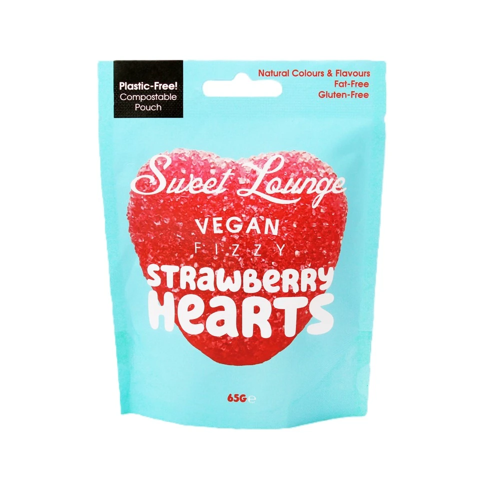 Sweet Lounge Vegan Fizzy Strawberry Hearts Pouch 65 Gm