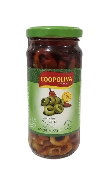 Coopoliva Spanich Sliced Green Olives Hot 114 Gm