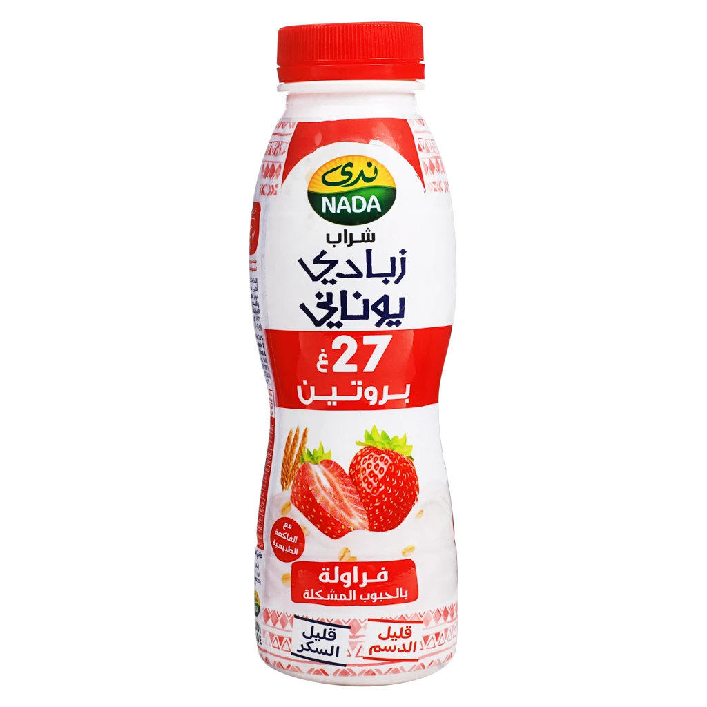 ندى مشروب الزبادي اليوناني قليل الدسم بالفراولة والحبوب 330 مل