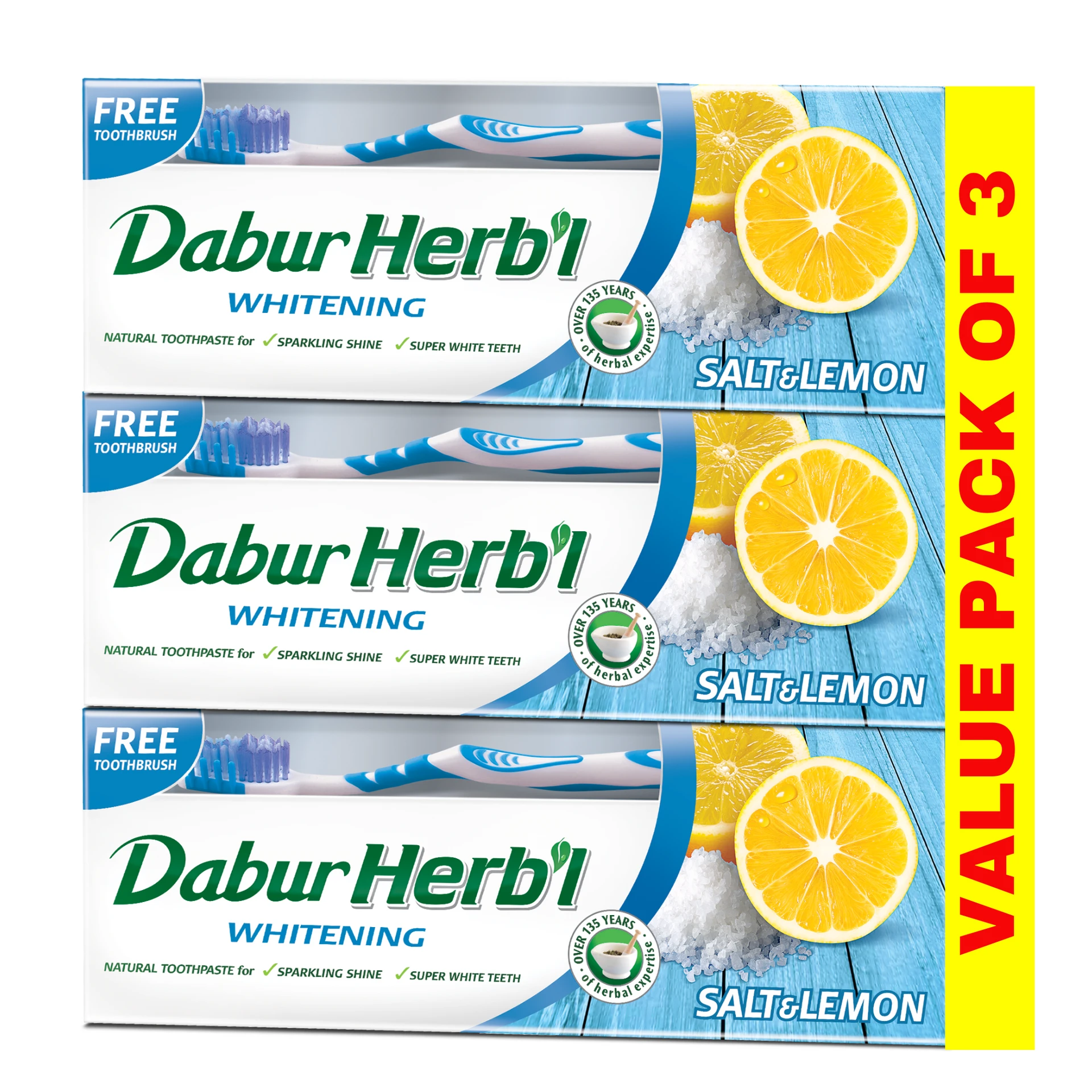 Dabur Herbal Whitening Natural Toothpaste 3X150 G + Toothbrush