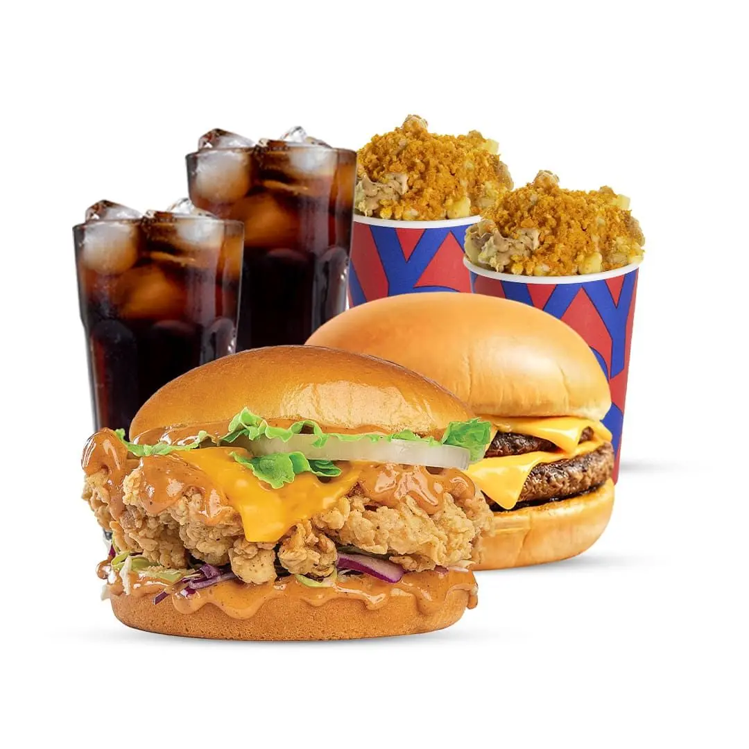 crispy chicken + dabuel meat + 2 cheetos cry + 2 drinks