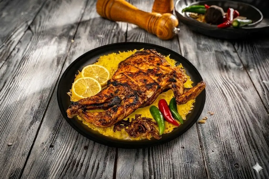 Half Grilled Chicken (Fah) Mandi Rice with Mathlotha
