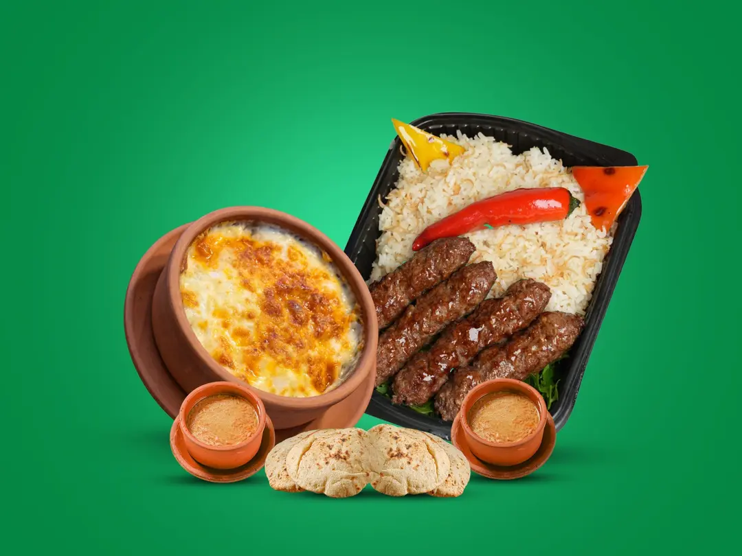 Meat kebab + béchamel sauce + 2 orzo soups + rice with vermicelli