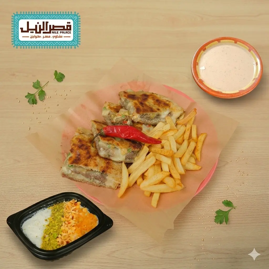 Hawawshi + French fries + tahini + rice pudding