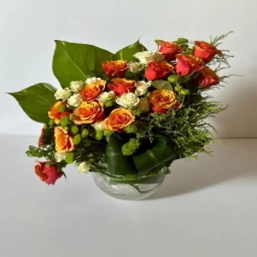 Bowl Vase with Damask Rose, Baby Rose, Chrysanthemum, and Solidago