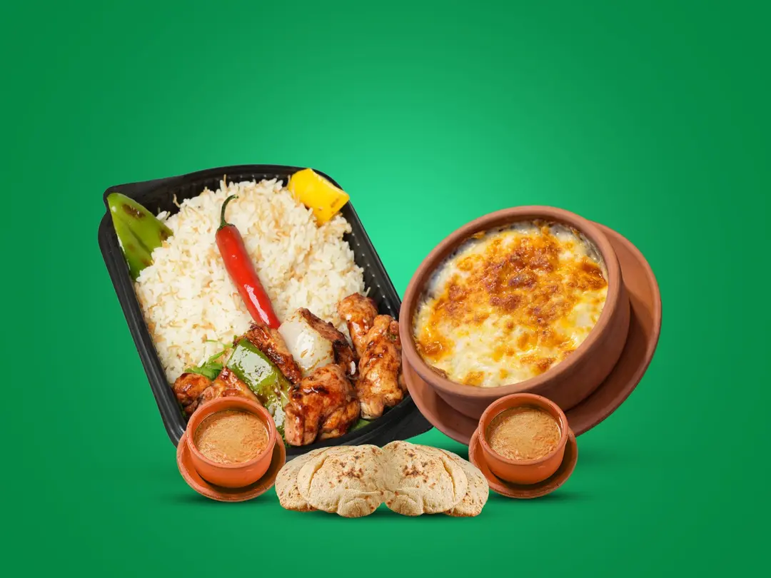 Chicken Shish + Bechamel Sauce + 2 orzo Soup + Rice with Vermicelli