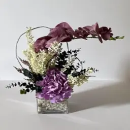 Square Artificial Vase with Hydrangea and Orchid Flowers