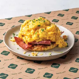 Scrambled Eggs on Hashbrowns with Turkey Bacon