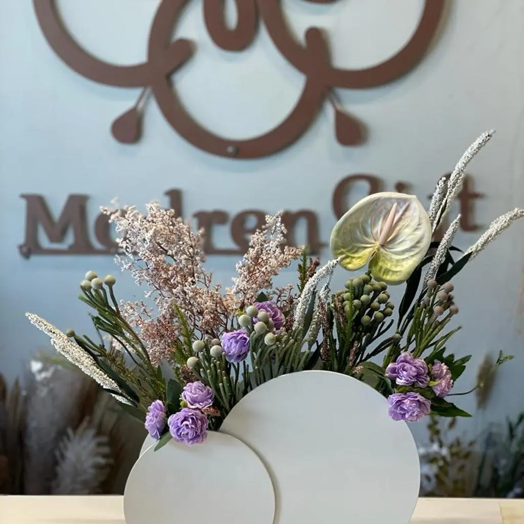 Wooden Vase with Artificial Roses