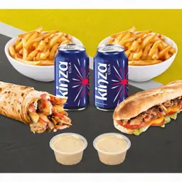 2 ساندوتش ( لحم او. دجاج او سمك )+ 2 كينزا + 2 بطاطس + 2 طحينة