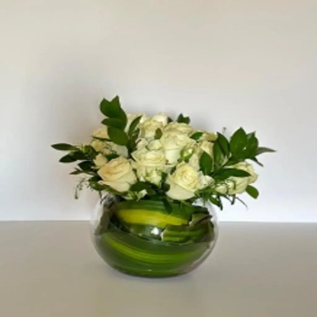 Vase with Baby Rose, White Damask Rose, and Eucalyptus Greens