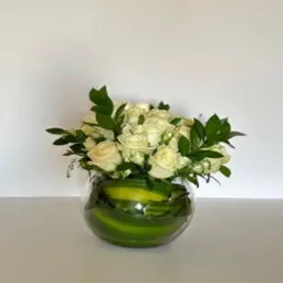 Vase with Baby Rose, White Damask Rose, and Eucalyptus Greens