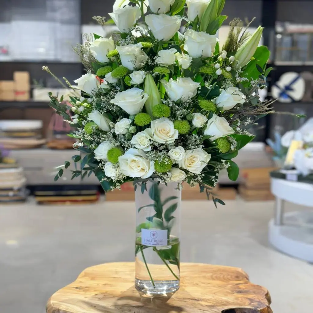 White Rose Vase With Green Cherries