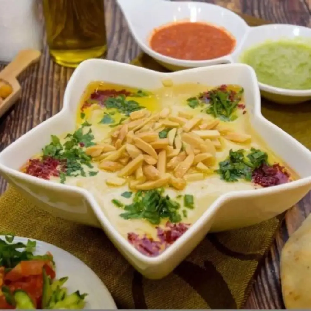 Hummus Fattah with Oil and Almonds