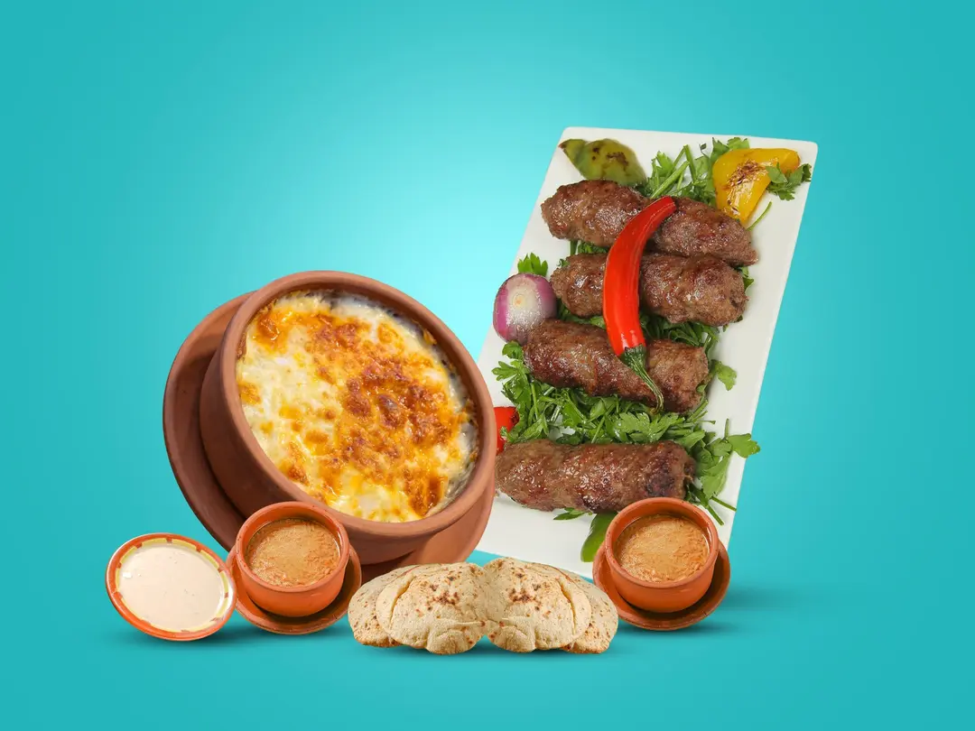 Meat kebab + béchamel sauce + 2 orzo soups + 1 tahini