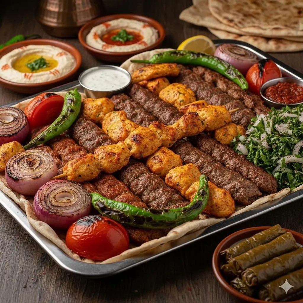 كيلو مشاوي مشكل مع بطاطس + صحن مقبلات مشكل + صحن ورق عنب