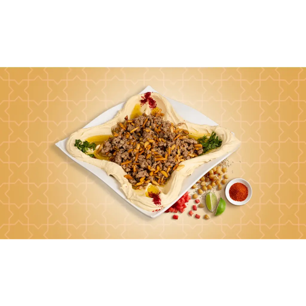 Hummus with almonds and meat