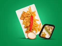 حواوشي + بطاطس محمره + طحينة + ارز باللبن