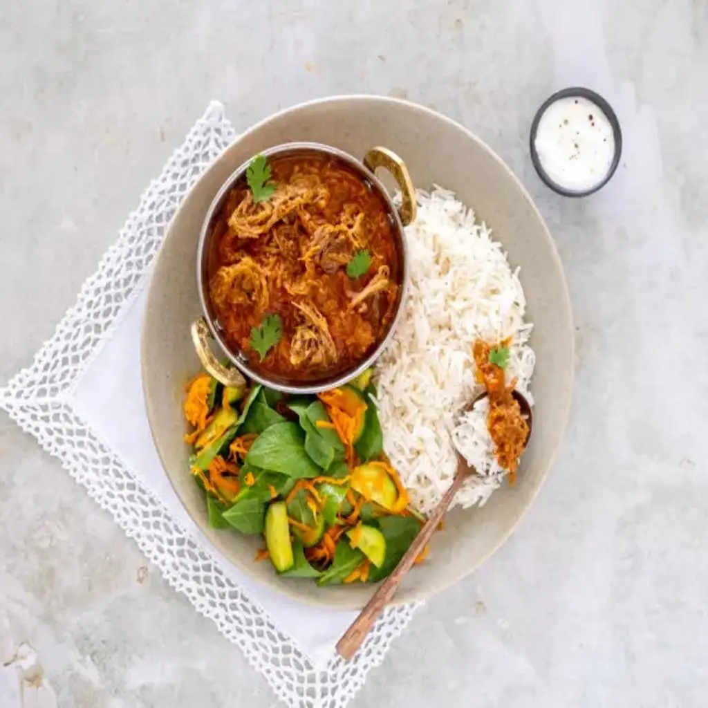 Beef Curry with Rice, Vegetable, Dal & Salad