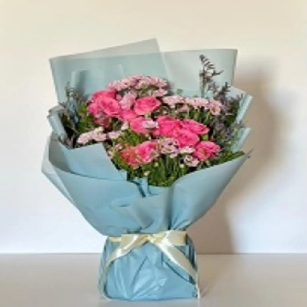 Bouquet with Baby Rose, Estoma, Eucalyptus Greens, and Alstomeria