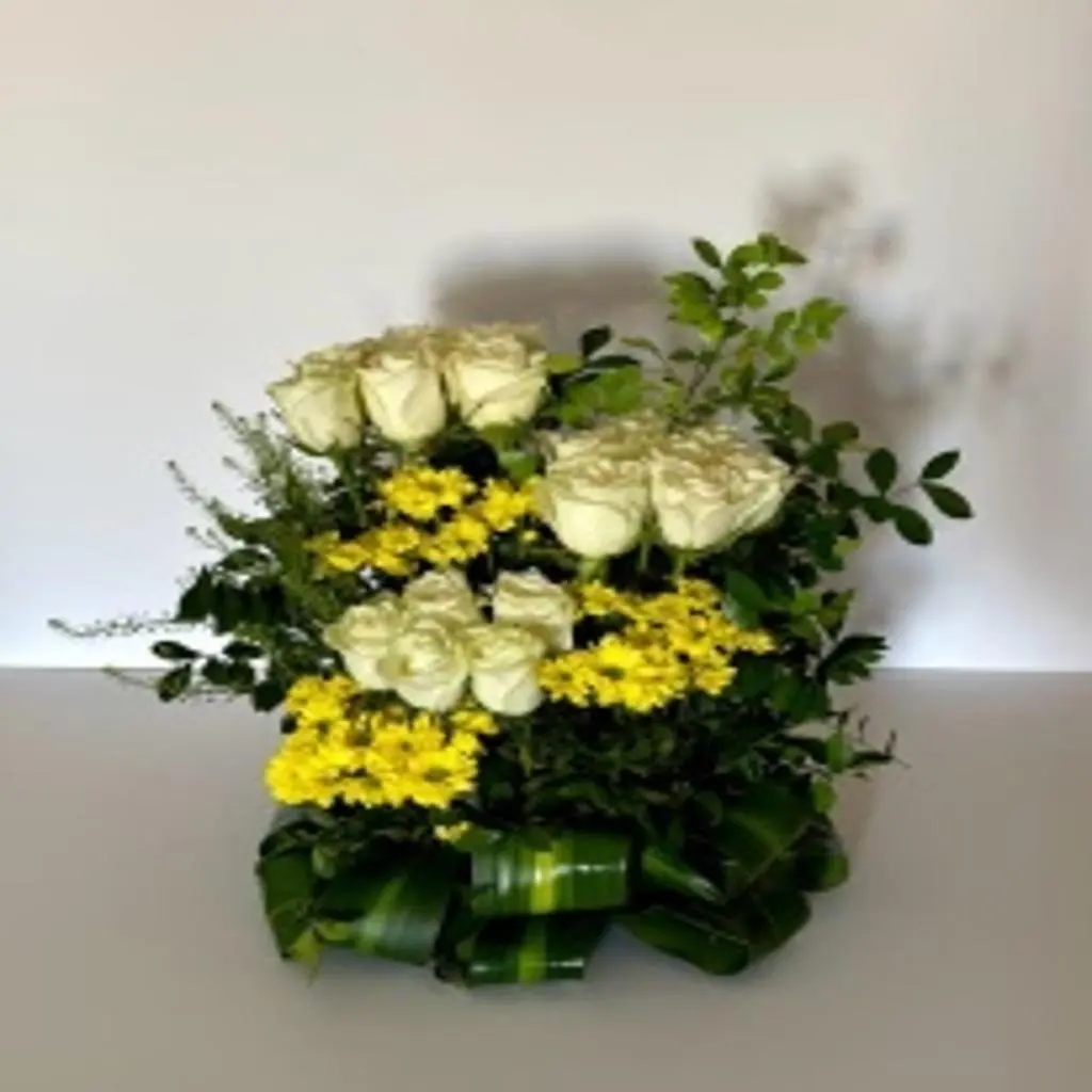 Flower Base with White Damask Rose, Yellow Euro Cherry, and Greens