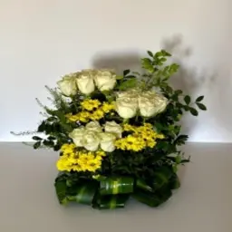Flower Base with White Damask Rose, Yellow Euro Cherry, and Greens